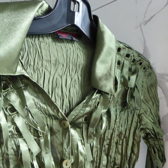 SIMON CHANG Stunning Emerald Green Creased Button Blouse - Picture 4 of 8